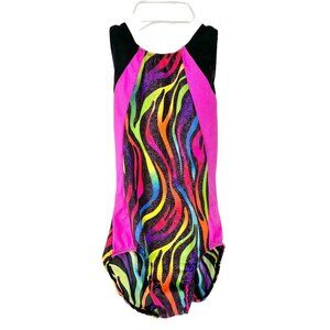 Balera Dancewear Leotard Youth L Pink Black Rainbow Sparkle Zebra Print Racerbac